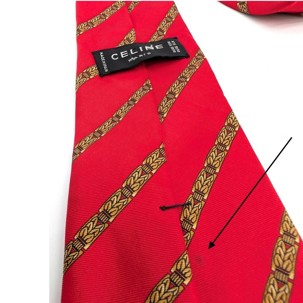 Celine Paris Silk Tie‎ Red Gold Chain Link Stripe Made in Spain Luxury Necktie